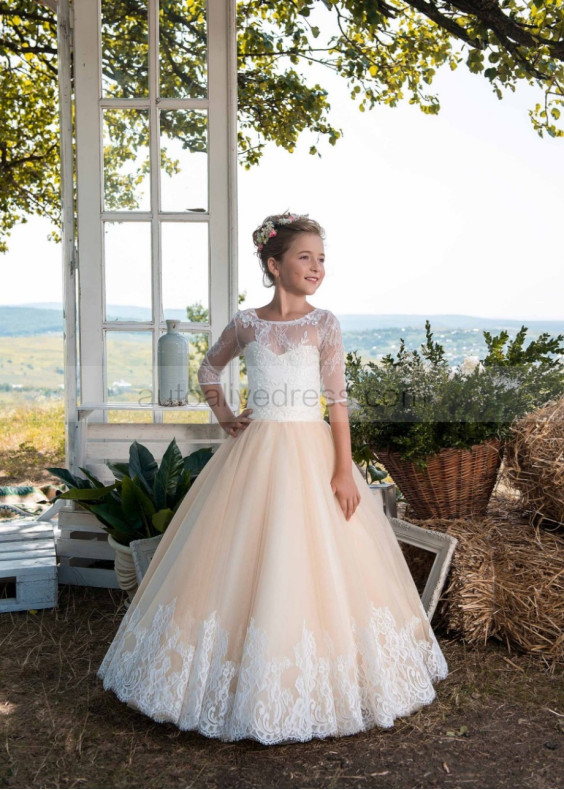 Ivory Lace Champagne Tulle Keyhole Back Wedding Flower Girl Dress